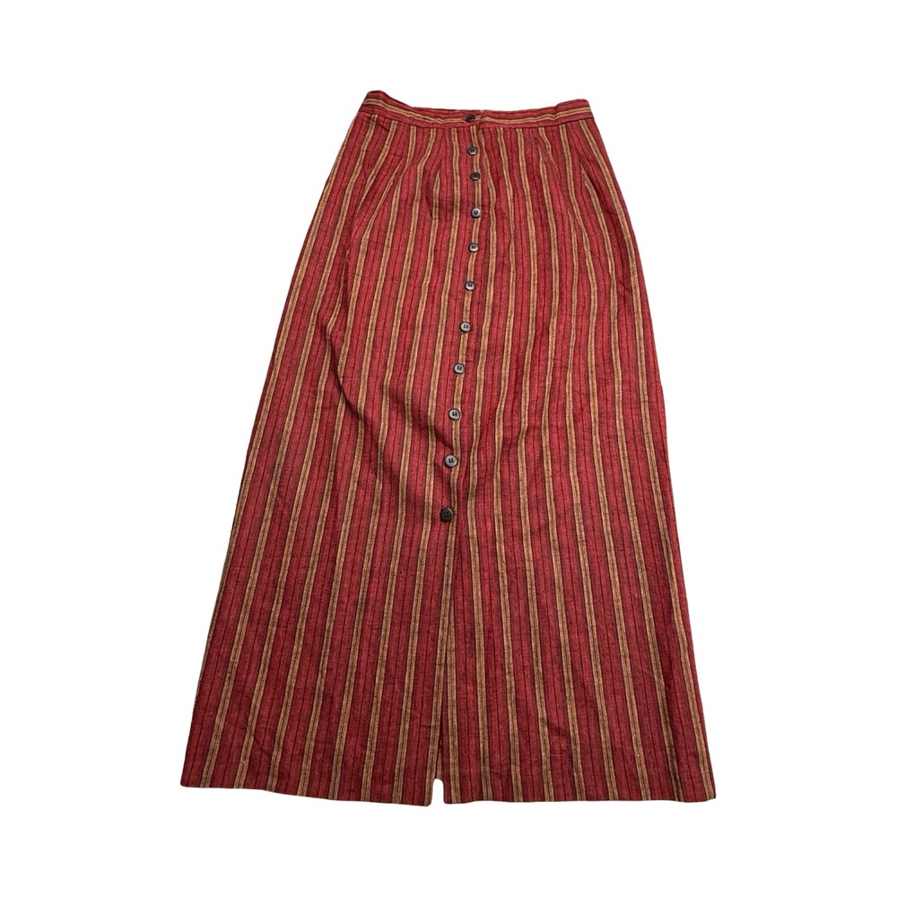 JRT Maxi Skirt Womens 12 Red Striped Button Front Linen Cotton Blend Vintage